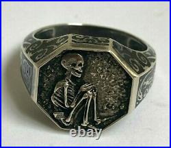 Antique Rare Memento Mori Skulls Solid Silver Black Enamel Victorian Men`s Ring