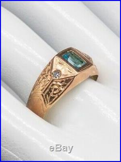 Antique Victorian 1880 $3400 1.20ct Colombian Emerald Diamond 14k Gold Mens Ring
