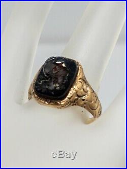 Antique Victorian 1880 5ct SOLDIER INTAGLIO ONYX 14k Yellow Gold Mens Ring