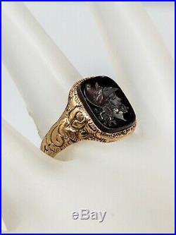 Antique Victorian 1880 5ct SOLDIER INTAGLIO ONYX 14k Yellow Gold Mens Ring