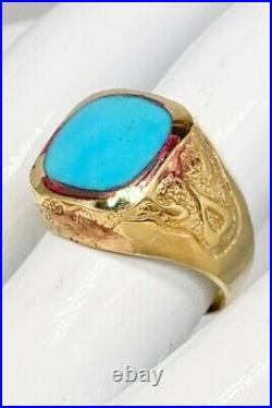 Antique Victorian 1897 5ct Natural Turquoise 8k Yellow Solid Gold Mens Band Ring