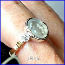 Antique Victorian Carved Moonstone Man In The Moon Moon Face Diamond & Gold Ring