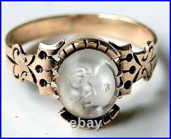 Antique Victorian Man In The Moon Moonstone 10k Gold Ring-1800's Estate Jewelry