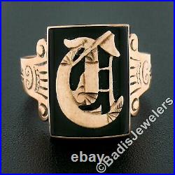 Antique Victorian Men's 10k Gold Large Bezel Black Onyx Initial G Signet Ring