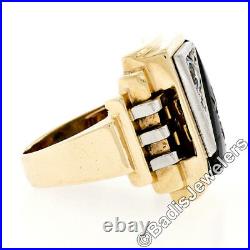 Antique Victorian Mens 10K Gold Hematite Intaglio. 39ctw Diamond Aquamarine Ring