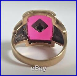 Antique Vintage 10K Gold Men's Ring Art Deco Diamond Ruby Glass Size 8.5 7.8grm