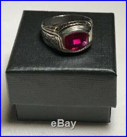 Antique/Vintage 14K Solid White Gold & Red Ruby Stone Deco Mens Ring Size 9.5