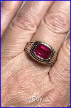 Antique/Vintage 14K Solid White Gold & Red Ruby Stone Deco Mens Ring Size 9.5
