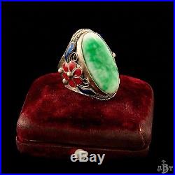 Antique Vintage Deco Sterling Silver Chinese Imperial Jade Jadeite Mens Ring