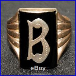 Antique Vintage Mens 9 carat Gold Black Onyx Ring B Initial 4.4 Gram Size Q 8