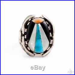 Antique Vintage Zuni Pawn Sterling Silver Greek Egyptian Mens Inlay Ring Sz 9.75