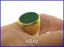 Antique/vintage 14k Gold Man's Seal Ring Green Onyx Coat Of Arms-8us-14.5 Grams
