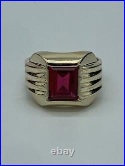 Art Deco 10k Yellow Gold Red Ruby Mens Solitaire Ring 9.75 Dason Antique Vintage