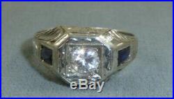 Art Deco 18kt white gold mens diamond ring with blue sapphire