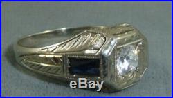 Art Deco 18kt white gold mens diamond ring with blue sapphire