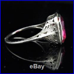 Art Deco Man Made Ruby 14k White Gold Cocktail Ring Antique Vintage c. 1920's