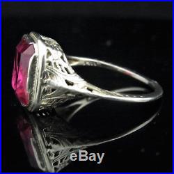 Art Deco Man Made Ruby 14k White Gold Cocktail Ring Antique Vintage c. 1920's