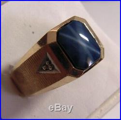Art Deco Mens Star Sapphire Diamond 10k Gold Ring Size 9 1/2 6.7 Grams Vintage