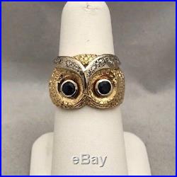 Awesome 14k Gold Vintage Estate Mens Owl Head Sapphire Diamond Mens Pinky Ring