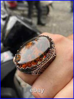 Baltic Amber Ring, Man Silver Large Amber Stone Ring, Turkish Silver Ring