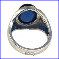 Bezel Cabochon Simulated Blue Sapphire Vintage Mens Ring 14k White Gold Silver