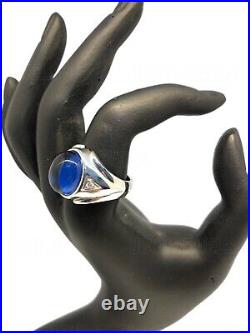 Bezel Cabochon Simulated Blue Sapphire Vintage Mens Ring 14k White Gold Silver