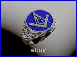 Blue Enamel Luxury Masonic Signet Ring 925 Sterling Silver Men's Vintage Ring