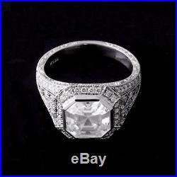 Certified 2Ct Asscher White Moissanite 14K White Gold Men's Vintage Wedding Ring