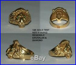 Cheap Mens Lion 14k Gold Ring Emeralds Diamond Vintage Size 9 1/2 Scrap Price