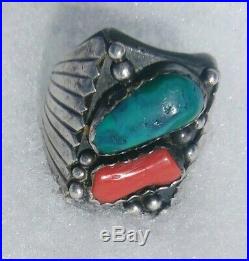 Chunky Vtg Navajo Sterling Silver Turquoise/Red Coral Mens Ring Sz 1225.8 Gr