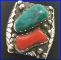 Chunky Vtg Navajo Sterling Silver Turquoise/Red Coral Mens Ring Sz 1225.8 Gr