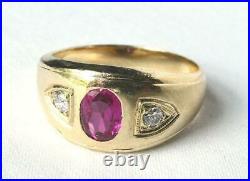 Classic Mens Vintage Art Deco 14k Gold Ruby+Diamond 3Stone Band Ring 9.3g Sz10.5