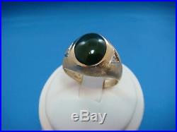 Classic Vintage Jade And 2 Diamonds 10k Yellow Gold Men`s Solid Back Ring