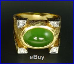 Diamond Nephrite Cabochon 14K Yellow Gold Vintage Men's or Women's Antique Ring