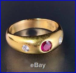Diamond Ruby 18K Yellow Gold Retro Vintage Men's Gent's or Unisex Ring
