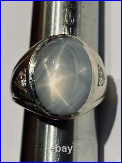 Estate 8ct Diamond & Star Sapphire 14k White Gold Mens Ring! Vintage, Natural