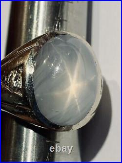 Estate 8ct Diamond & Star Sapphire 14k White Gold Mens Ring! Vintage, Natural