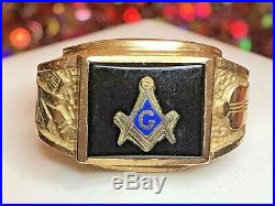Estate Vintage 14k Gold Masonic Ring Black Onyx Blue Enamel Men's
