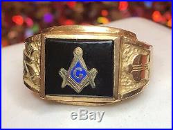 Estate Vintage 14k Gold Masonic Ring Black Onyx Blue Enamel Men's