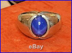 Estate Vintage 14k White Gold Blue Sapphire Star Ring Men's Designer Signed