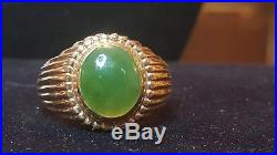 Estate Vintage 14k Yellow Gold Genuine Green Jade Jadeite Men's Ring Gemstone