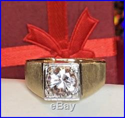 Estate Vintage 14k Yellow Gold White Topaz Men's Ring Gemstone Milgrain Detail