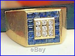 Estate Vintage 18k Gold Natural Diamond Blue Sapphire Ring Men's Band 750