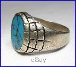 Estate Vintage Taxco Mexico Spiderweb Turquoise Sterling Silver Mens Ring C2137