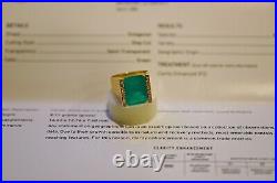 GIA Certified 18K Gold 10.8Ct Bluish Green Colombian Emerald Diamond Men's Ring