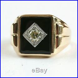 Gentlemen Mens 14K Yellow Gold 1/3 ct Diamond Signet Ring Retro Vintage Art Deco