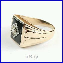 Gentlemen Mens 14K Yellow Gold 1/3 ct Diamond Signet Ring Retro Vintage Art Deco