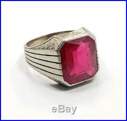Great Vintage Art Deco 10k White Gold Detailed Red Stone Men's Ring Size 9.75