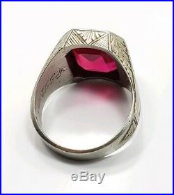 Great Vintage Art Deco 10k White Gold Detailed Red Stone Men's Ring Size 9.75