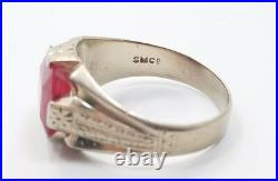 Great Vintage Art Deco Mens 10k White Gold Red Stone Detailed Ring Size 10.5